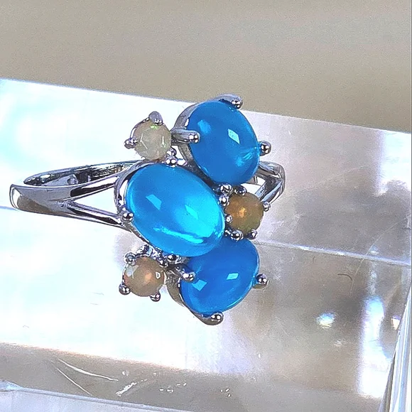 925 Sterling Silver Ring with Natural Oval Blue Opal 8x6mm & Fire Opal Gemstones - Picture 4 of 14